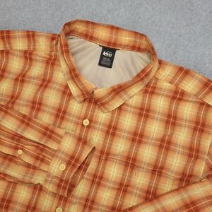 REI Co-op‎ Button Front Shirt Men's XXL Orange plaid Vented Nylon Hiking Wear